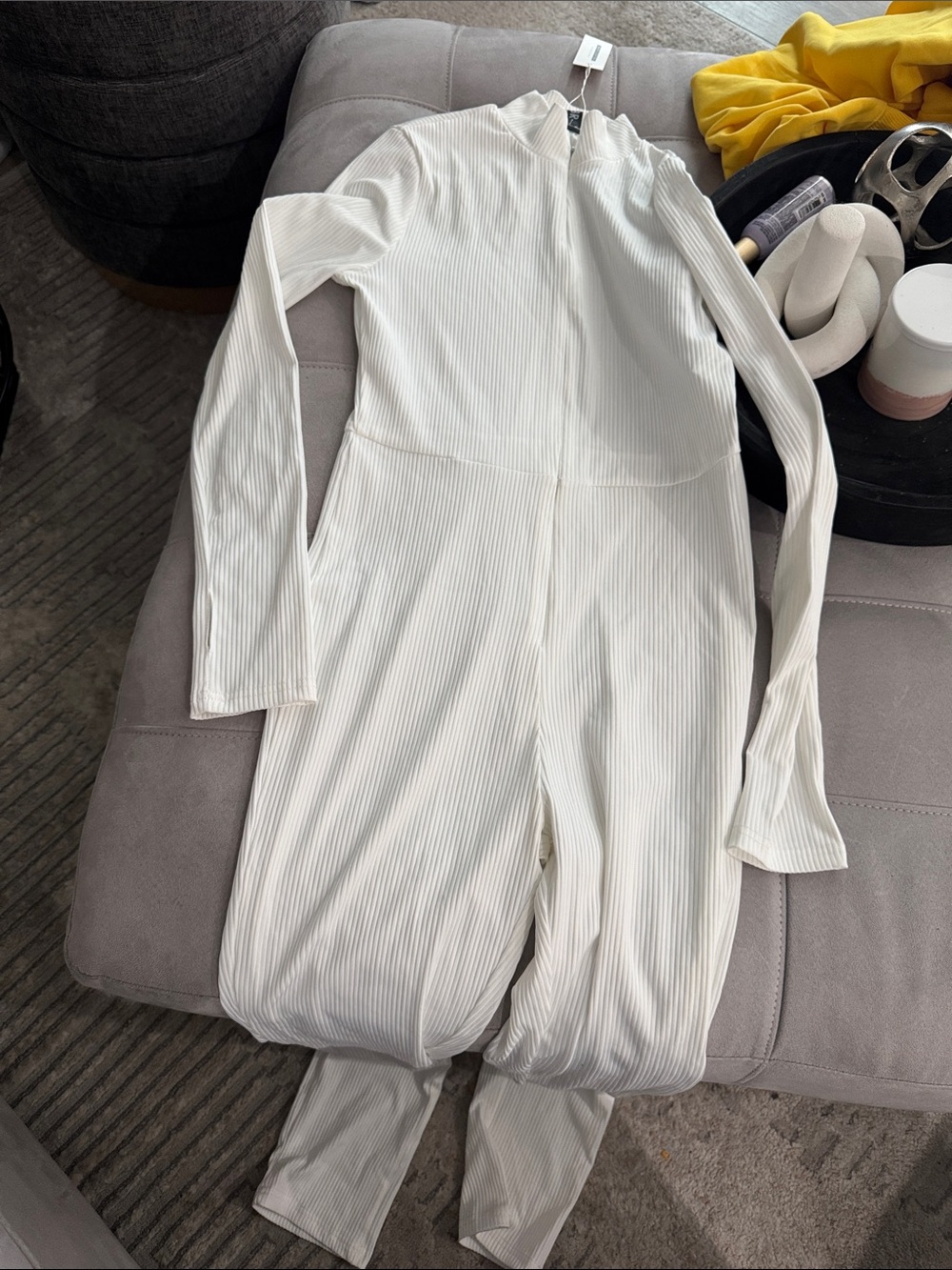 Womens Cream Ribbed Long-Sleeve mock neck Jumpsuit